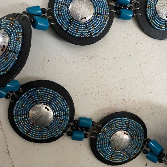 Aztec Concho Blue Beaded Black Leather Adjustable main image 4